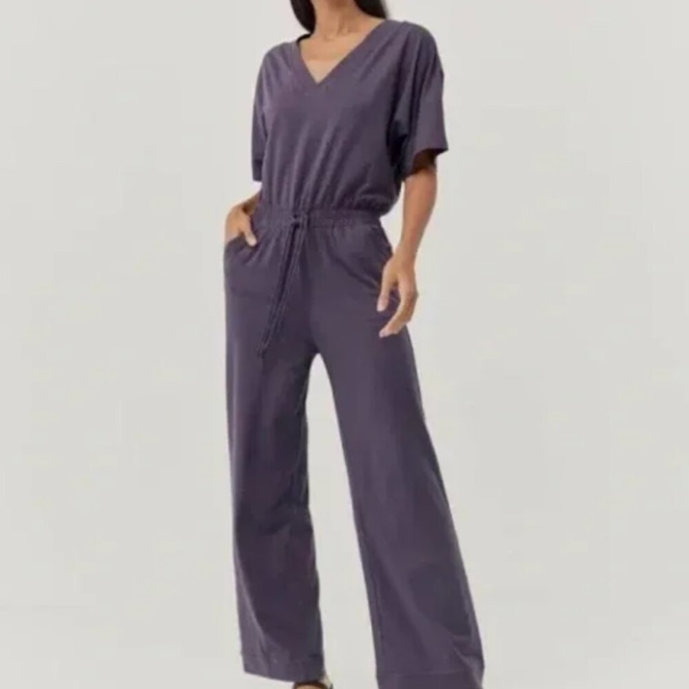 Pact Size Small Organic Cotton Short Sleeve Tie Waist Jumpsuit in Purple